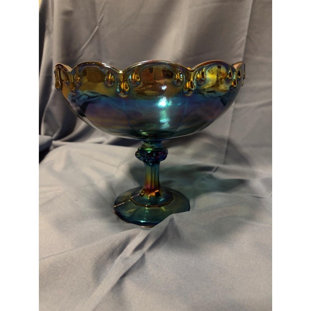 Vintage Indiana Garland Teardrop Blue Carnival Iridescent‎ Glass Compote Bowl